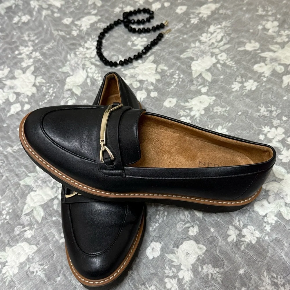 Naturalizer Black Leather Loafers with Gold Accent - Picture 2 of 10